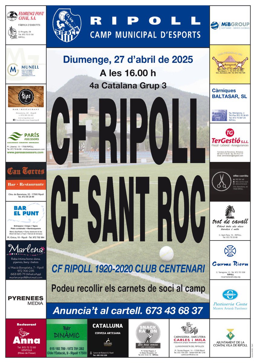 ⚽️ PRÒXIM PARTIT A CASA: 

🆚 CF Sant Roc Olot
🗓️ Diumenge, 27 d’abril
🕒 16.00 h
🏟️ Camp municipal d’esports de #Ripoll

💙 Veniu a animar a l’equip! Endavant, #CFRipoll!!! 

#4cat3