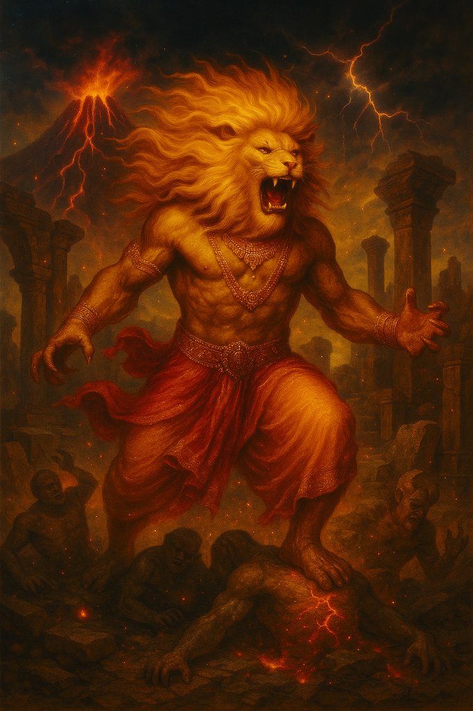You who defy Dharma, who torment the innocent, know this..I arise not from earth or sky, But from the pillars of your own arrogance! Neither man nor beast, I am the wrath of the Divine!

Bhagavata Purana