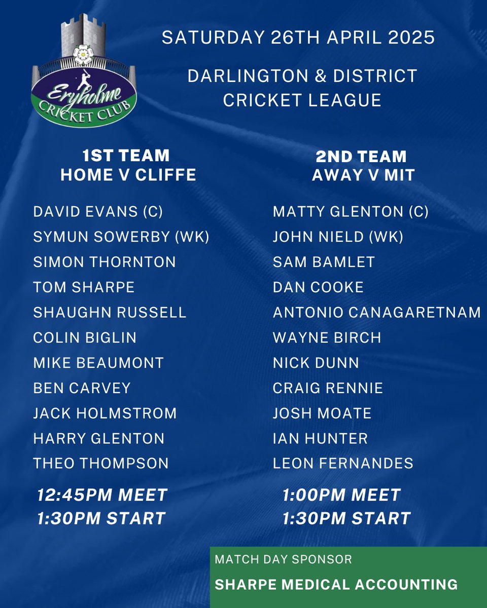 The 2025 season is finally here, after some rare good spring weather we are ready to go.

Here’s today’s teams 👇🏼

Thanks to our match day sponsor, Sharpe Medical Accounting.

#UpTheHolme