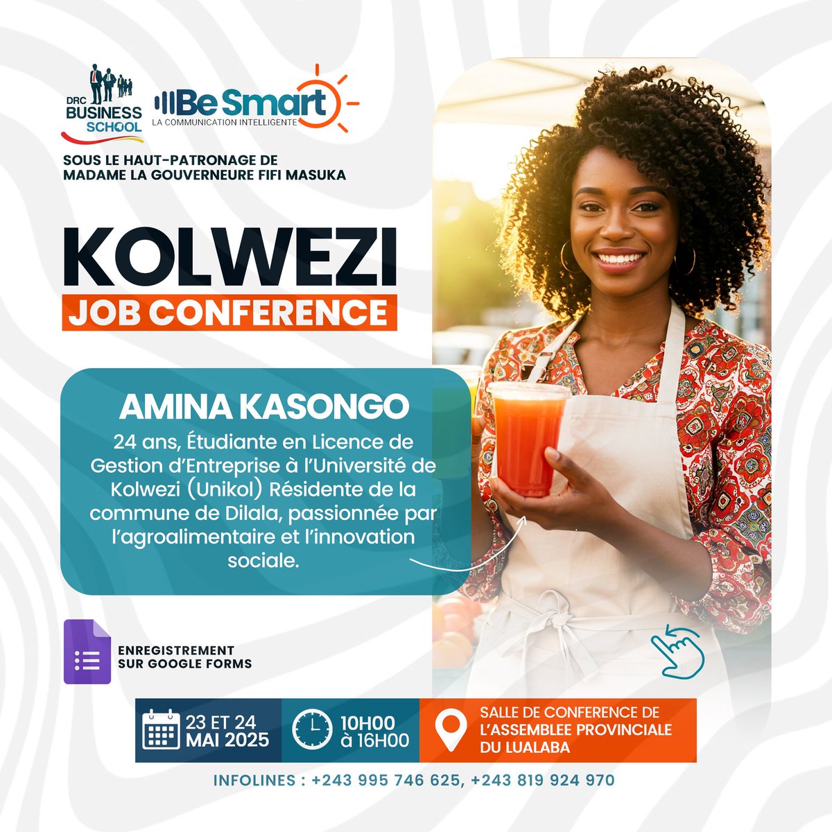 BeSmart_Com's tweet photo. Amina, 24 ans, rêve de développer son jus local « Goût de Kolwezi ». Pour y arriver, elle apprend à sous-traiter sans perdre en qualité.
Toi aussi, booste ton projet !
RDV les 23–24 mai à Kolwezi.
✍️ Inscris-toi ici : https://t.co/Tdqw9n35kN
#Innovation #Employabilité https://t.co/hqAB3iMFNn