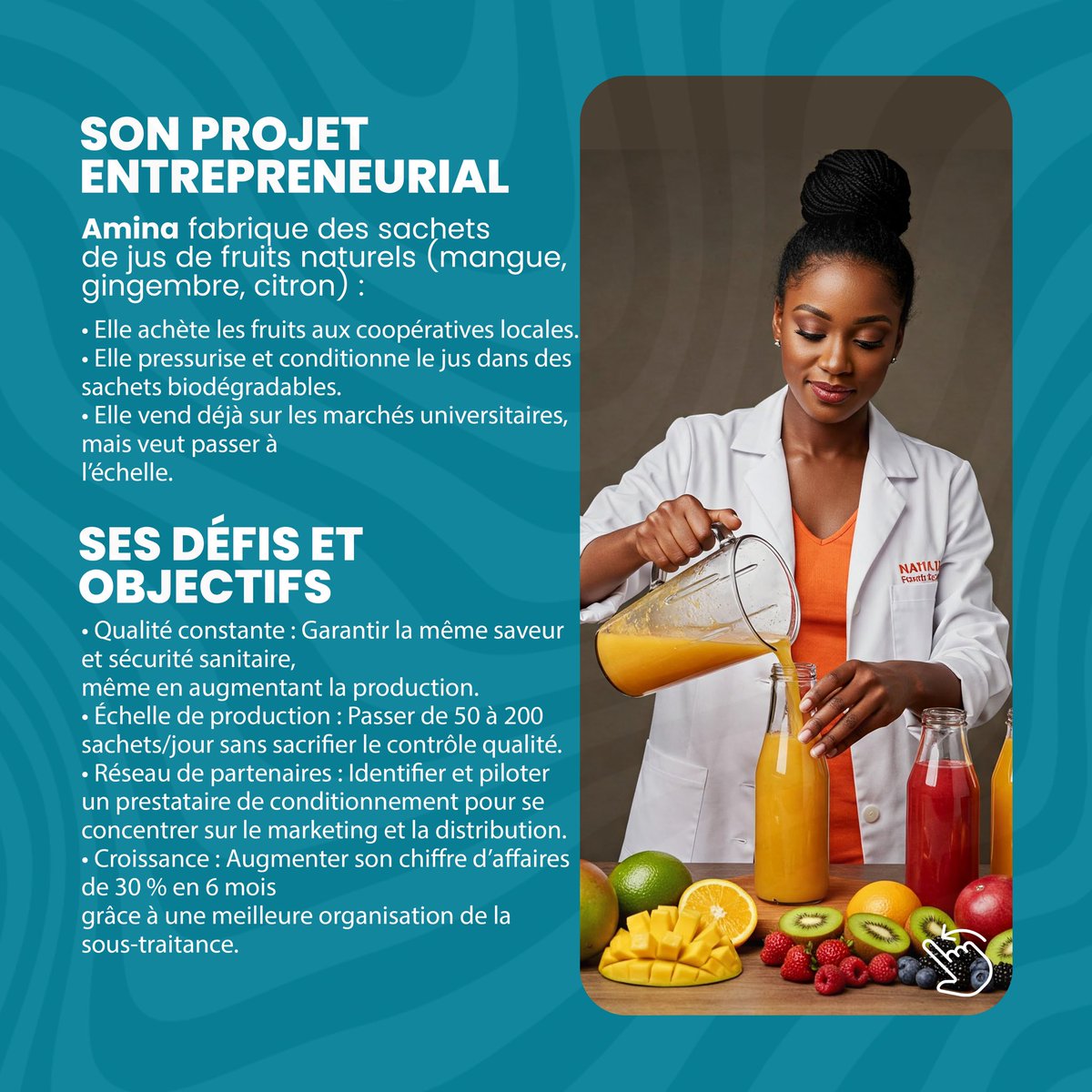 BeSmart_Com's tweet photo. Amina, 24 ans, rêve de développer son jus local « Goût de Kolwezi ». Pour y arriver, elle apprend à sous-traiter sans perdre en qualité.
Toi aussi, booste ton projet !
RDV les 23–24 mai à Kolwezi.
✍️ Inscris-toi ici : https://t.co/Tdqw9n35kN
#Innovation #Employabilité https://t.co/hqAB3iMFNn