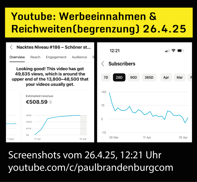 docbrandenburg's tweet photo. Wieviel Werbeeinnnahmen erhält „Nacktes Niveau“ von Youtube?

Wie der linke Screenshot vom 26.4.25 zeigt, erhält eine Ausgabe „Nacktes Niveau“ von @Youtube rund 500 Euro Werbebeteiligung; bei etwa 50.000 von Youtube behaupteten Abrufen in der ersten Woche. 

Wie der zweite Screenshot zeigt, fällt gleichzeitig die Anzahl der „Neuabonnenten“ meines Kanals kontinuierlich, während die Reichweite auf allen anderen Plattformen (@theplattformnet, @spreaker, @rumblevideo, @OdyseeTeam oder @X) ebenso kontinuierlich steigt. Ein Schelm, wer Youtube irgendwelche Manipulationen unterstellt 😉

Mein Fazit: Ich halte Youtube für so integer wie Olaf Scholz und nehme an, es verdient ein hohes Vielfaches der angeblichen Werbeeinnahmen pro Ausgabe „Nacktes Niveau“ – und zwar unabhängig davon, ob ich der „Monetarisierung“ durch Werbung zustimme oder nicht. Als ich dieser nämlich noch nicht zustimmte, unterbrach der Konzern dennoch ständig mit Werbung. 

Was meint Ihr: Soll ich die „Monetarisierung“ wieder deaktivieren oder diese Beteiligung weiter mitnehmen?

@punktepreradovic