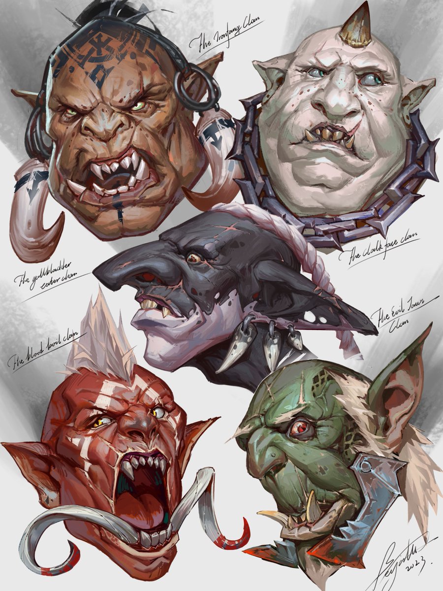 WenmoZhang0Ben's tweet photo. Orcs design practice：from top： The ironfang clan, The clarkface clan, The gallbladder eater clan, The blood boil clan, The eviljaws clan https://t.co/sJeMfNJwoH