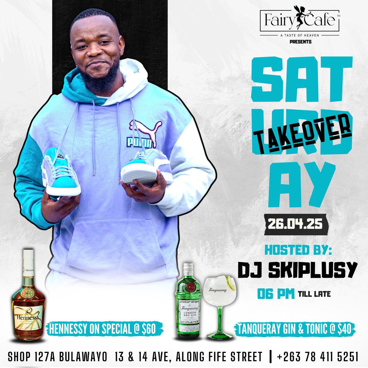 SATURDAY TAKEOVER — LET’S TURN IT UP!

The night belongs to the bold at <a href="/fairycafezw/">Fairy Café</a>
<a href="/skiplusy/">skiplusyDJ</a> is on the decks, the platters are sizzling, the drinks are flowing, and the vibe is unstoppable.

Round up your squad — it’s time to own Saturday night!

Flyer Designed by yours truly