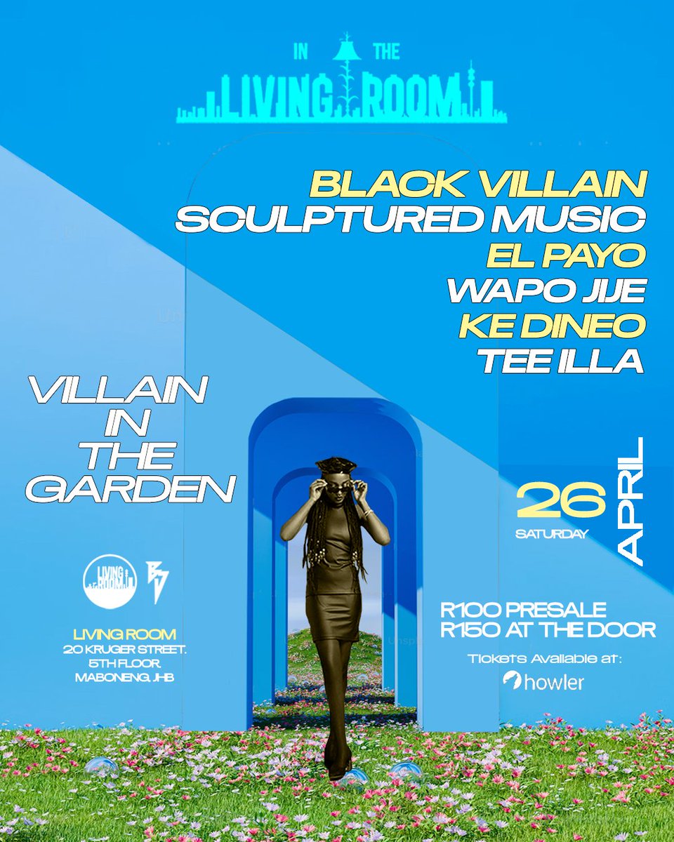 Black Villain (@blackvillain_sa) on Twitter photo Game Day!!! #VillainInTheGarden🏙🌿🌱 April edition, featuring: <a href="/sculpturedmusik/">SculpturedMusic®️</a>, <a href="/_kedineo/">KEDINEO</a>, <a href="/WAPOJije/">WAPO Jije📿</a>, #ElPayo and <a href="/Tee_IllaSound/">Tee Illa</a>. I can't wait to dance with you all this coming Saturday at <a href="/LivingRoomJozi/">IG: LivingRoom_Jozi</a>. Tickets 🎫🎟⬇️
howler.co.za/villain-in-the… Game Day!!! #VillainInTheGarden🏙🌿🌱 April edition, featuring: <a href="/sculpturedmusik/">SculpturedMusic®️</a>, <a href="/_kedineo/">KEDINEO</a>, <a href="/WAPOJije/">WAPO Jije📿</a>, #ElPayo and <a href="/Tee_IllaSound/">Tee Illa</a>. I can't wait to dance with you all this coming Saturday at <a href="/LivingRoomJozi/">IG: LivingRoom_Jozi</a>. Tickets 🎫🎟⬇️
howler.co.za/villain-in-the…