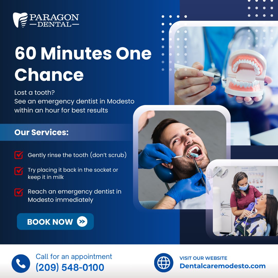 ParagonDental2's tweet image. You’ve got 60 minutes to save a tooth.

A knocked-out tooth isn’t always a lost cause — but timing is everything.

✅ Gently rinse the tooth (don’t scrub).
✅ Try placing it back in the socket or keep it in milk.

#EmergencyDentistModesto #DentalTrauma #KnockedOutTooth