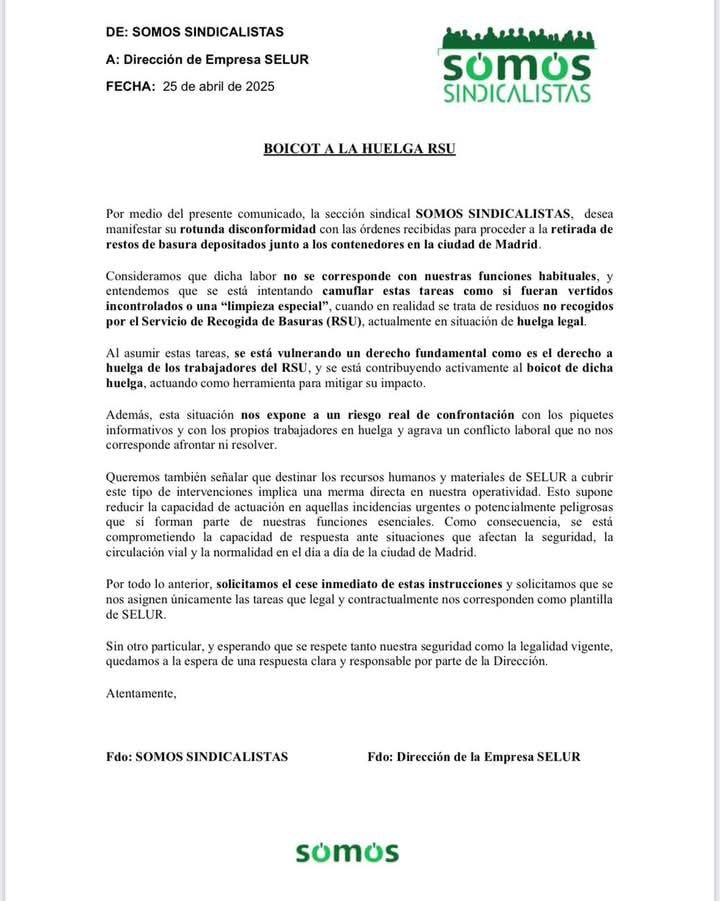 Comunicado de Somos Sindicalistas
