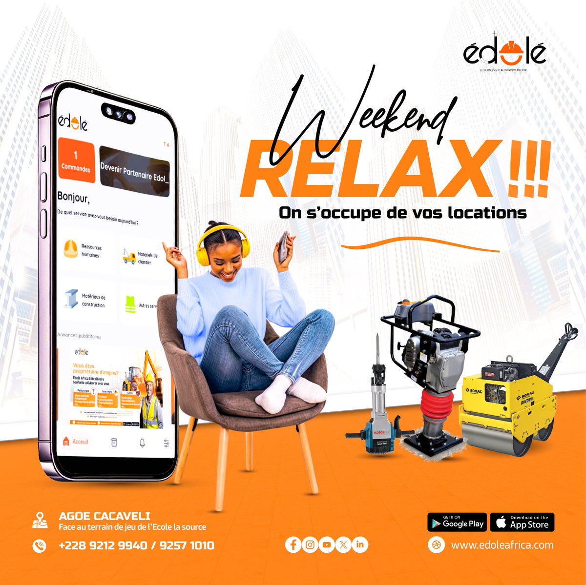 Ce week-end, relaxez-vous et laissez l’application faire le travail.
En seulement deux clics, vos locations sont gérées. 

Profitez pleinement de votre repos bien mérité.  

Edole Africa, le numérique au service du BTP!

 #EdoleAfrica #ouvriers #enginsdechantier #BTP #weekend