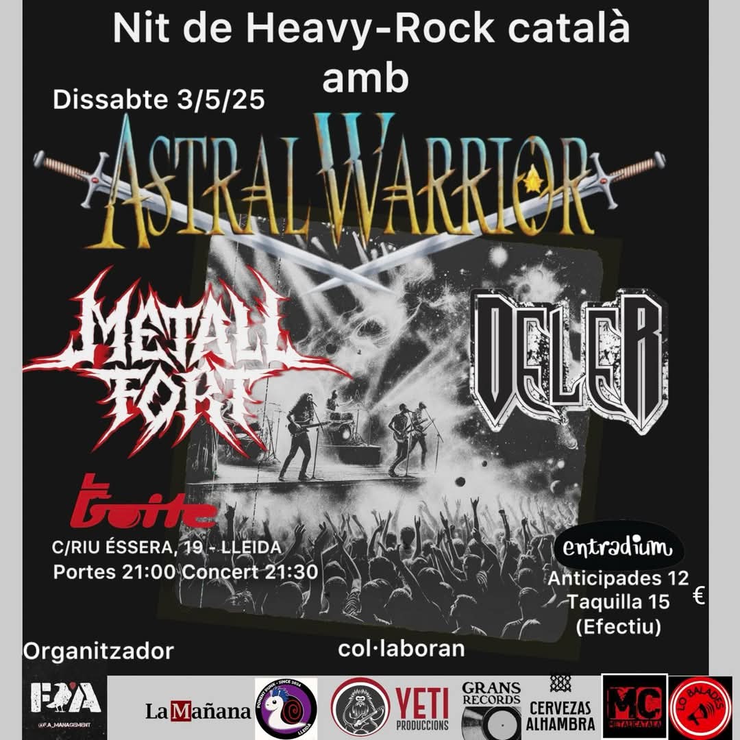 Hey  Metalls!!!
Encara no teniu plans per el cap de setmana que ve???
Si voleu gaudir d'una nit de rock i Metall de la terra, no us ho penseu,
Estarem presentant el nostre últim treball, amb els companys de Astral Warrior i Deler, a la sala La Boite a Lleida, us esperem!!!!