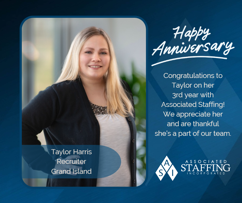 Help us celebrate Taylor's 3rd anniversary with Associated Staffing in Grand Island! 🥳🎉 Her commitment and passion continue to make a positive impact and we’re so lucky to have her as part of our team. 🙌

#WorkAnniversary #3YearsStrong #GrandIsland