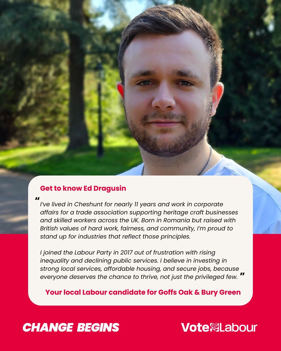 🙋‍♂️ Get to know Ed Dragusin better, your local Labour candidate for Goffs Oak &amp; Bury Green.

🗳️ Remember to vote Labour on Thursday 1 May. 🌹 

👤 And don't forget you need Photo ID to vote.