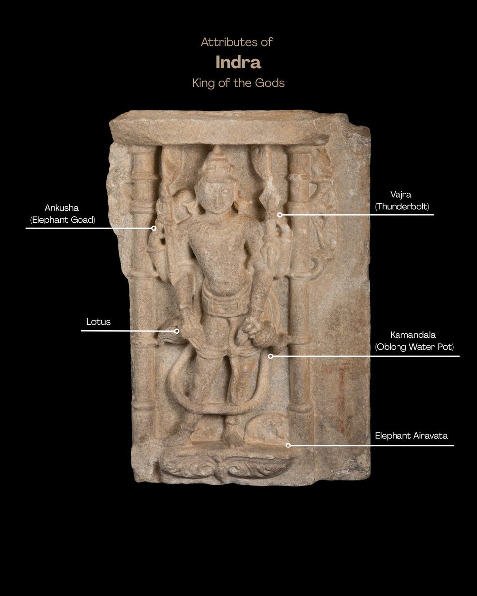 International Sculpture Day 2025
Explore Mewar’s artistry!
Indra, King of Gods (1200–1300 CE), is depicted in marble, holding vajra, ankusha, kamandala, and lotus. At his feet rests Airavata, his majestic white elephant.