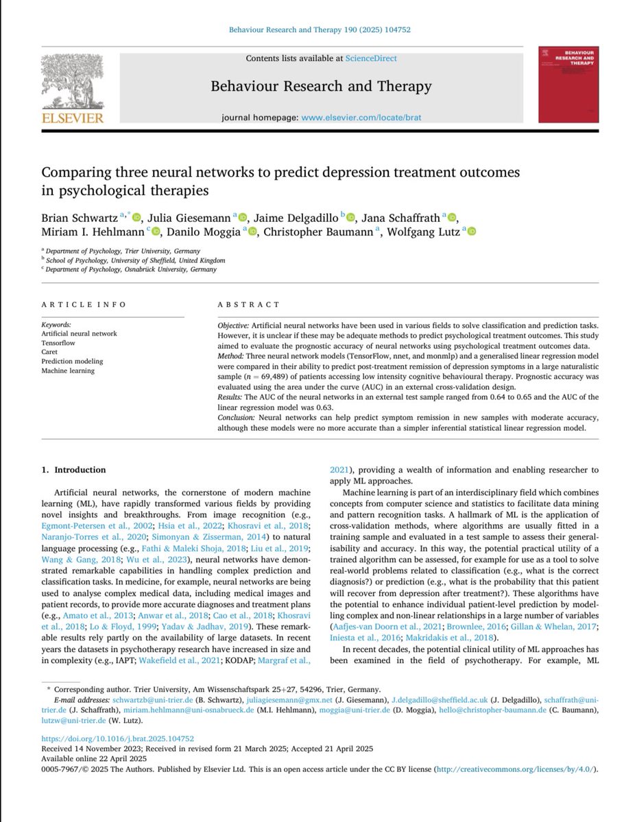 New paper on neural networks for treatment outcome prediction. Summary: Three different neural nets showed moderate prediction accuracy, but did not outperform a glm (logistic reg). Possible reason: many patients, but only a few predictors were available

sciencedirect.com/science/articl…