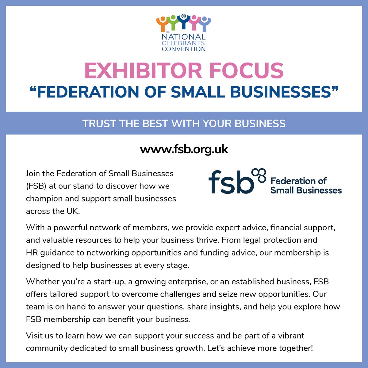 We look forward to meeting the team from <a href="/fsb_policy/">Federation of Small Businesses (FSB)</a> at next week's National Celebrants' Convention, where they will be exhibiting at the event in Solihull.

celebrantsconvention.co.uk

#NCC2025 #NCC25 #CelebrantsTogether
