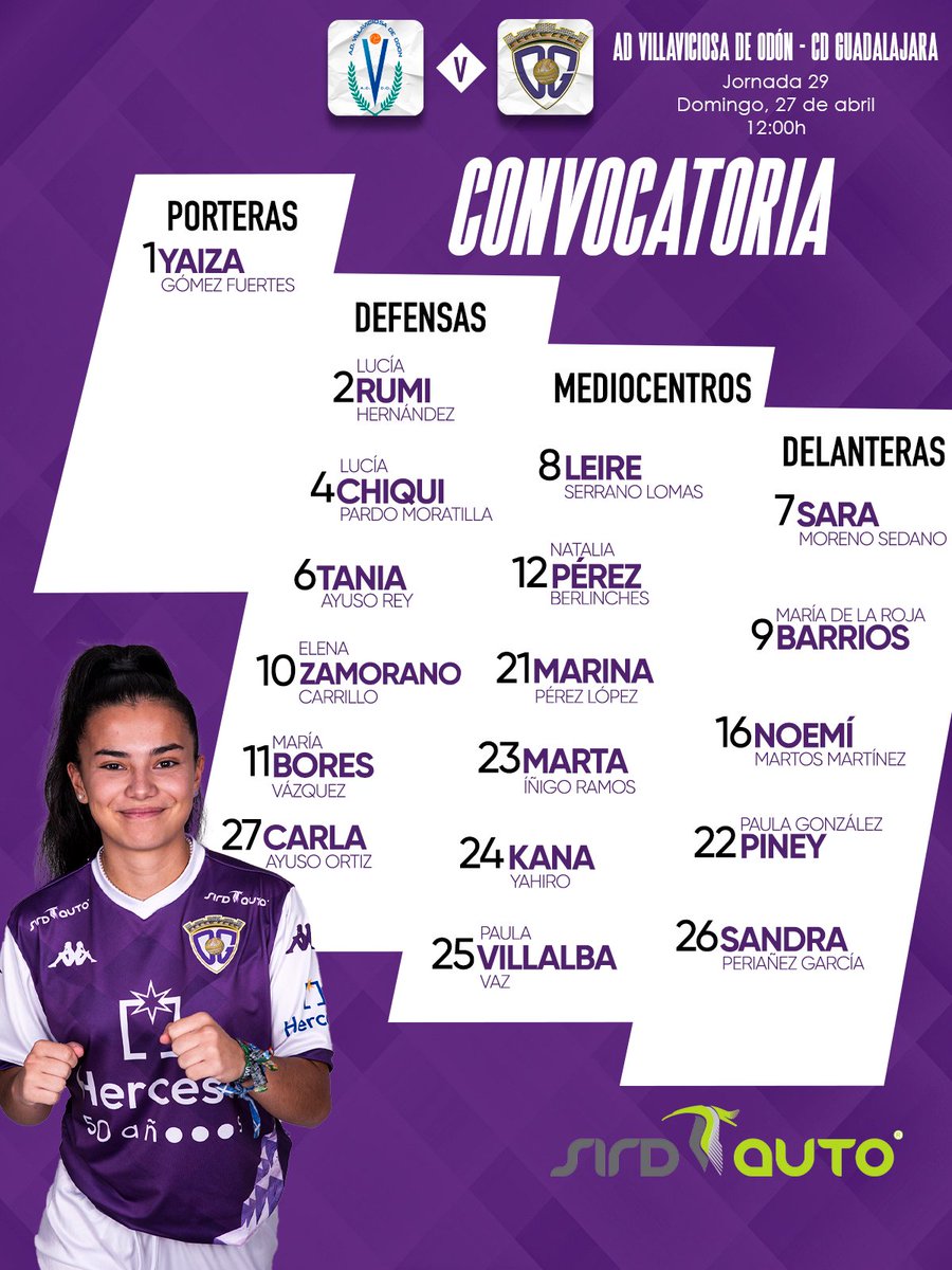 ¡A por la última salida de la temporada!✨

La convocatoria del #DéporGuadaFEM para el duelo de mañana en Villaviciosa de Odón✅

Y con el regreso a competición de <a href="/luciiarumi/">Lucía Rumí</a> 💪

¡Queremos los 3⃣ puntos!🎯

#AúpaDépor⚪️🟣 #VillaviciosaDéporFEM⚔️