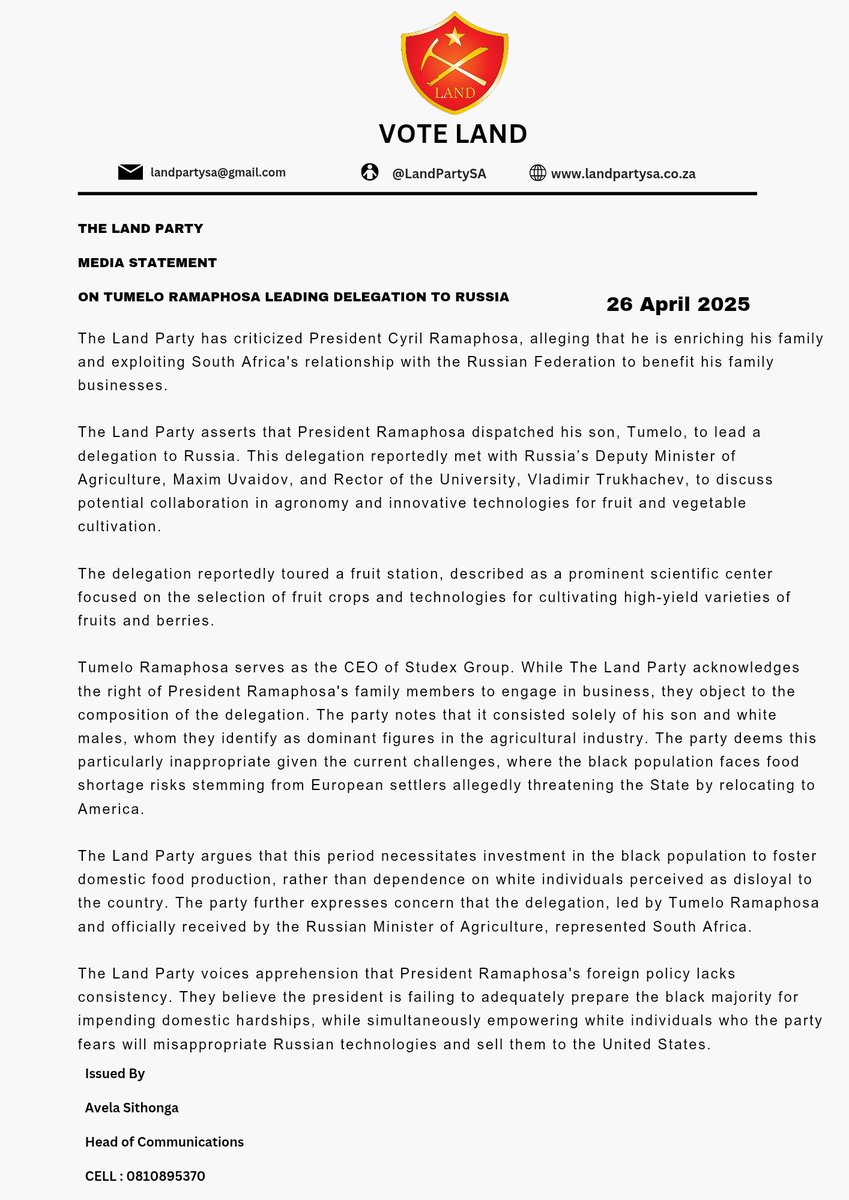 THE @LANDPARTYSA MEDIA STATEMENT ON TUMELO RAMAPHOSA LEADING DELEGATION TO RUSSIA. @SABCNEWS <a href="/eNCA/">eNCA</a> <a href="/Newzroom405/">Newzroom Afrika</a> <a href="/News24/">News24 🇿🇦</a> <a href="/ewnupdates/">Eyewitness News</a> <a href="/CapricornFMNews/">CapricornFM News</a> <a href="/SundayWorldZA/">Sunday World News</a> <a href="/IOL/">IOL News</a> <a href="/POWER987News/">POWER987News</a>