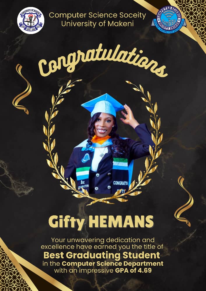 comssu's tweet photo. 🌟 Congratulations, Gifty HEMANS! 🌟

Your unwavering dedication and excellence have earned you the title of Best Graduating Student in the Computer Science Department, with an impressive GPA of 4.69.

May this milestone be the foundation of even greater successes ahead. #ComSSU https://t.co/YCxuTngslR