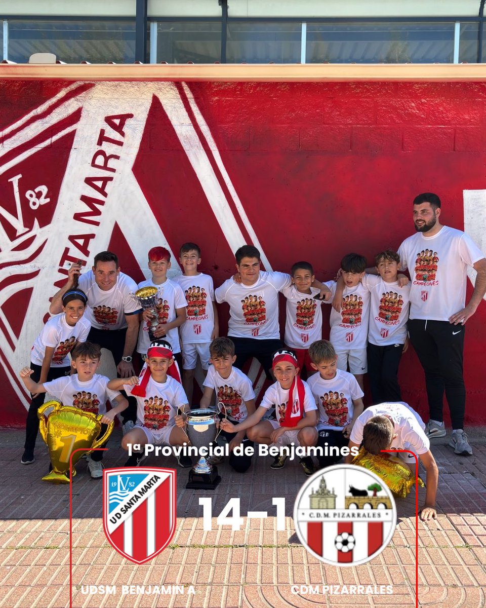 UDSantaMarta's tweet photo. 𝗥𝗘𝗦𝗨𝗟𝗧𝗔𝗗𝗢 𝗕𝗘𝗡𝗝𝗔𝗠Í𝗡 𝗔 ⚽️ | 𝑪𝑨𝑴𝑷𝑬𝑶𝑵𝑬𝑺𝑺𝑺𝑺𝑺𝑺. El Benjamín A se acaba de proclamar campeón de 1 División Provincial de Benjamines tras una gran victoria en casa contra el Pizarrales.

Hasta el momento, el equipo está invicto: 177 goles a favor y 14 en contra, estos datos demuestran todo el trabajo y esfuerzo que han puesto los chavales en cada partido, y la dedicación del CT en cada entrenamiento, porque se juega como se entrena, y aquí está la prueba.

Enhorabuena a todos y, por supuesto, a todas las familias, para que disfrutéis de este maravilloso momento❤️

#orgulloUDSM