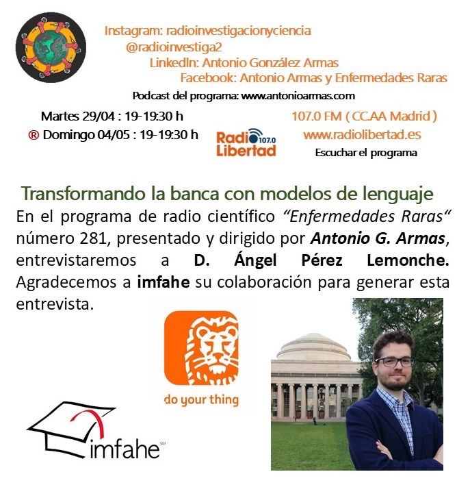 Catch D. Ángel Pérez Lemonche on “Enfermedades Raras” with Antonio G. Armas:

🗓️ Tue, Apr 29 | 7–7:30 PM CEST
🗓️ Sun, May 4 | 7–7:30 PM CEST

Listen live: 107.0 FM (Madrid) or online: radiolibertad.es

#RareDiseases #RadioInterview #Health #IMFAHE