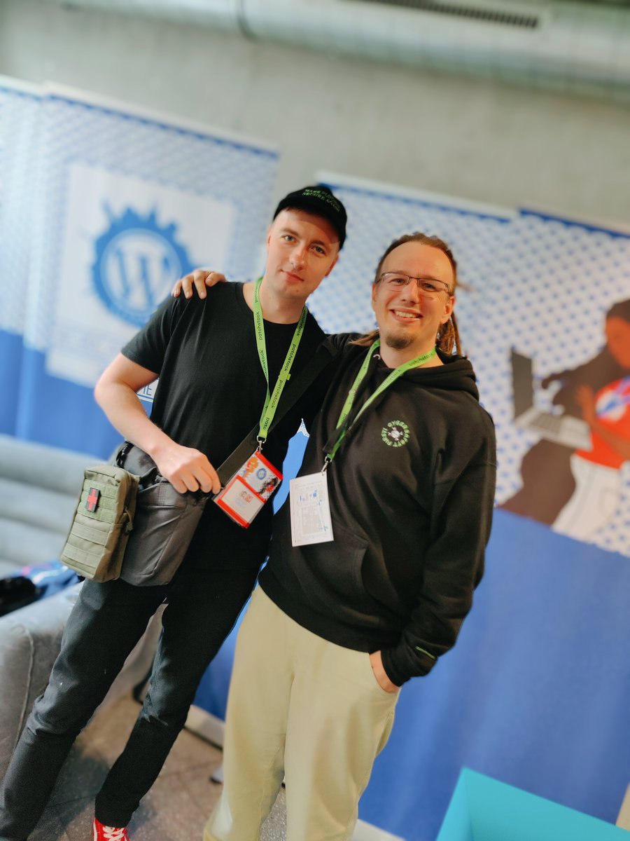 palmiak_fp's tweet photo. Together with Sander we're spreading the word about #WordPress #security at #WCVie 🚀
We still have some swag left - including tattoos and pins. Just find us and say "hi 👋" https://t.co/Nxe16ie5bk