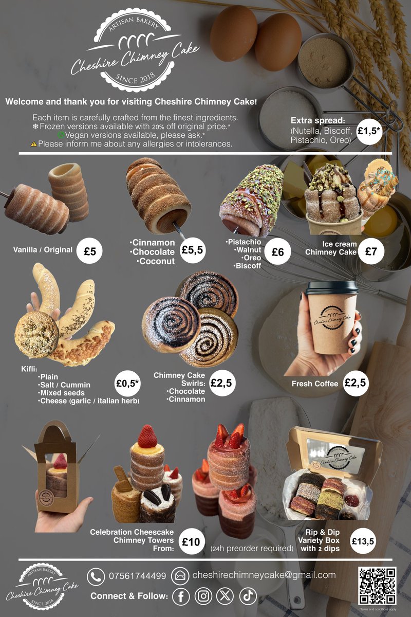 🚀New improved recipe and fresh look!
💝Come and visit us in the shop from Wednesday till Sunday wa27ub, Unit1, John Street- Warrington.
💫Many of you requested an online menu.
👨🏼‍🍳Cheshire Chimney Cake
   Love at first bite …🧁 #cake #chimneycake #trdelnik #kurtos #kurtosh