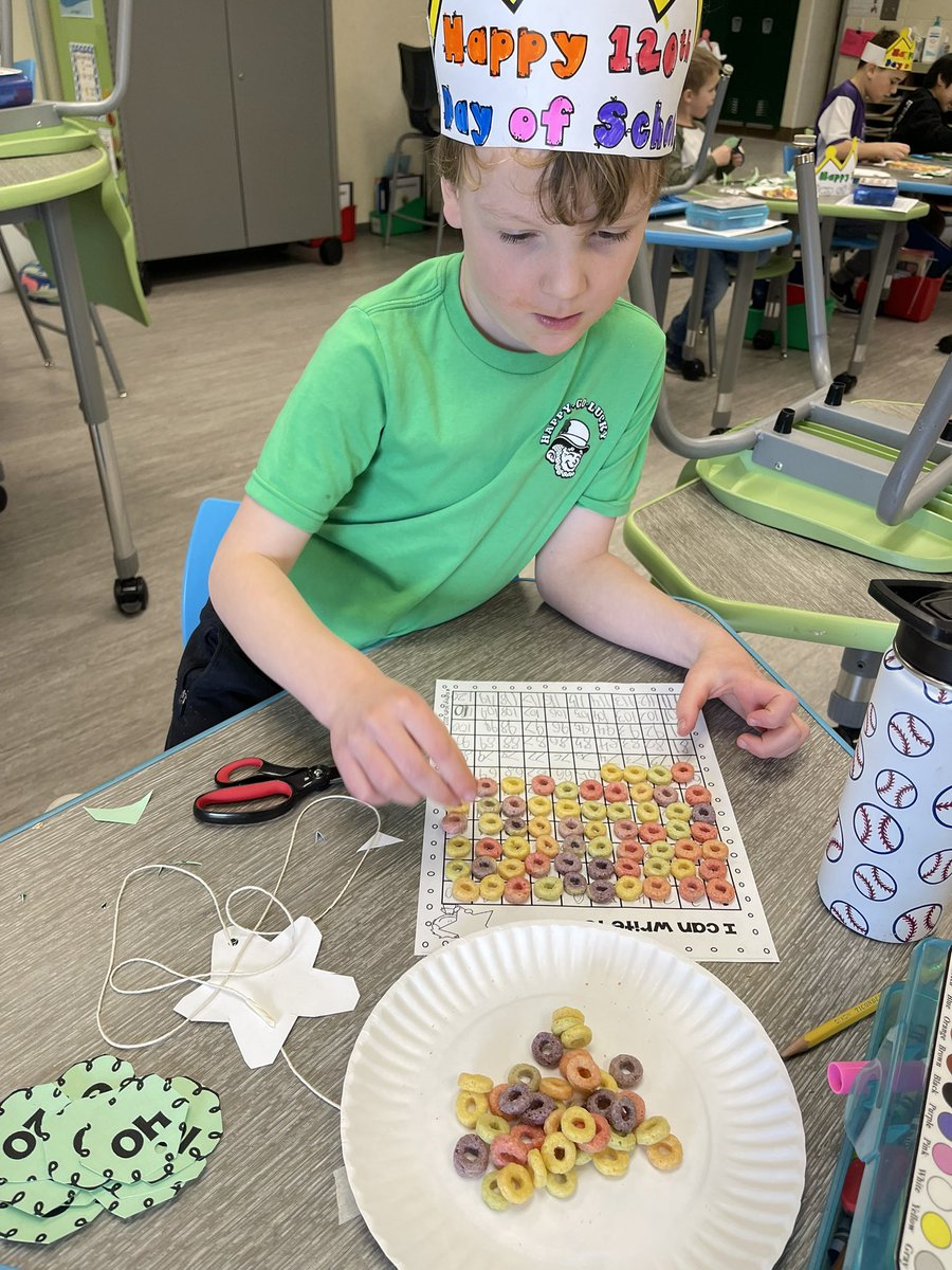 First graders using a graphic organizer to create a fruit loop necklace for the 120th day of school. #AVIDatMESI #theMESway