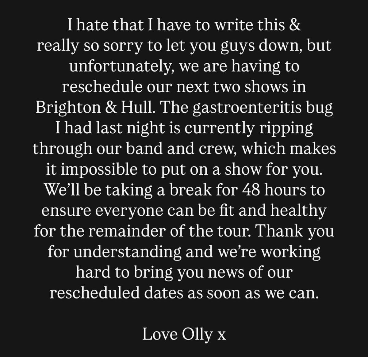 🚨‼️ Tour update for the weekend shows in Brighton &amp; Hull. Rescheduled dates will be issued as soon as we can.