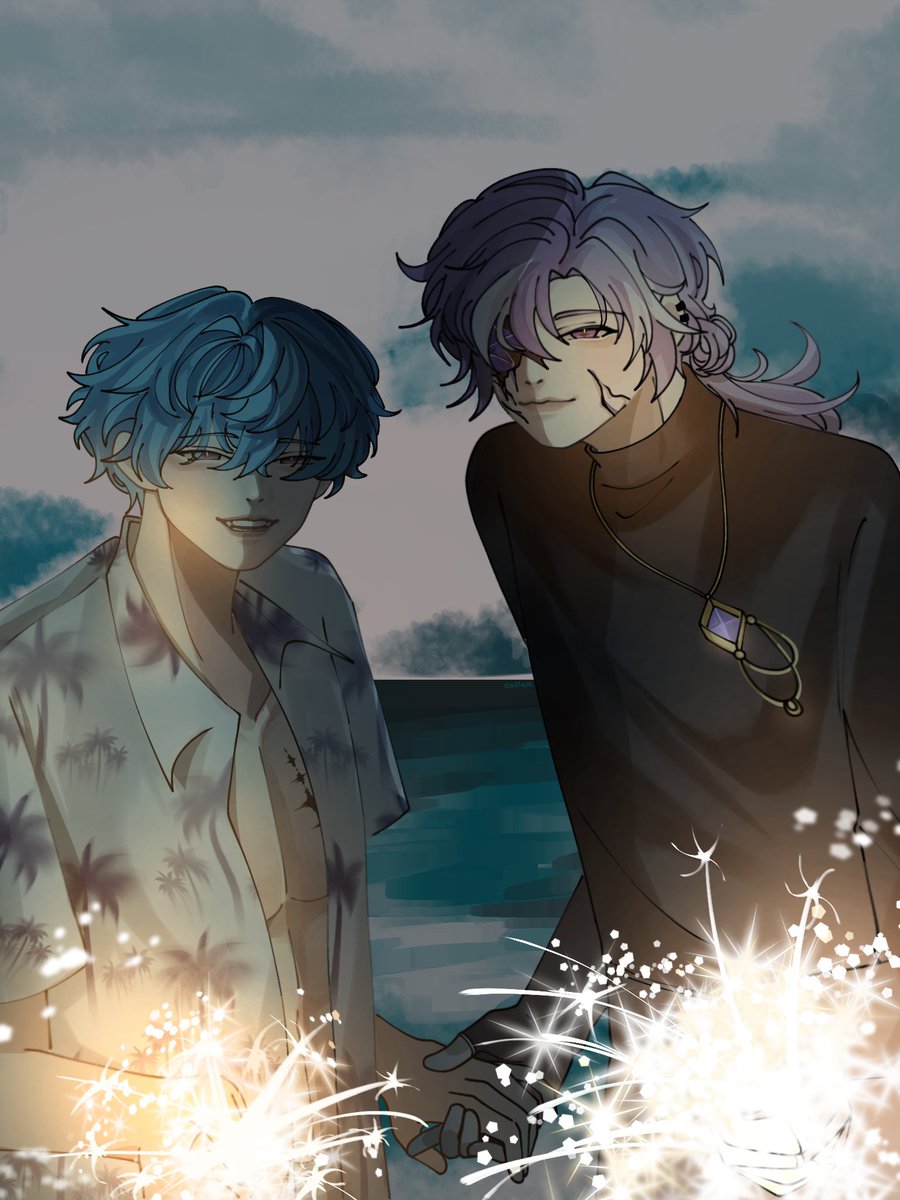 ofthefools's tweet photo. A Sea Above the Sky｡⁠*✧ ⌛⚓
——
Under the warm summer night sky, barefoot steps trace the shoreline, laughter blending with crashing waves—fireworks in hand, lighting up the darkness as brightly as love itself.
——
Art by Collan
#2EA5ON https://t.co/JmyCVWpwbI