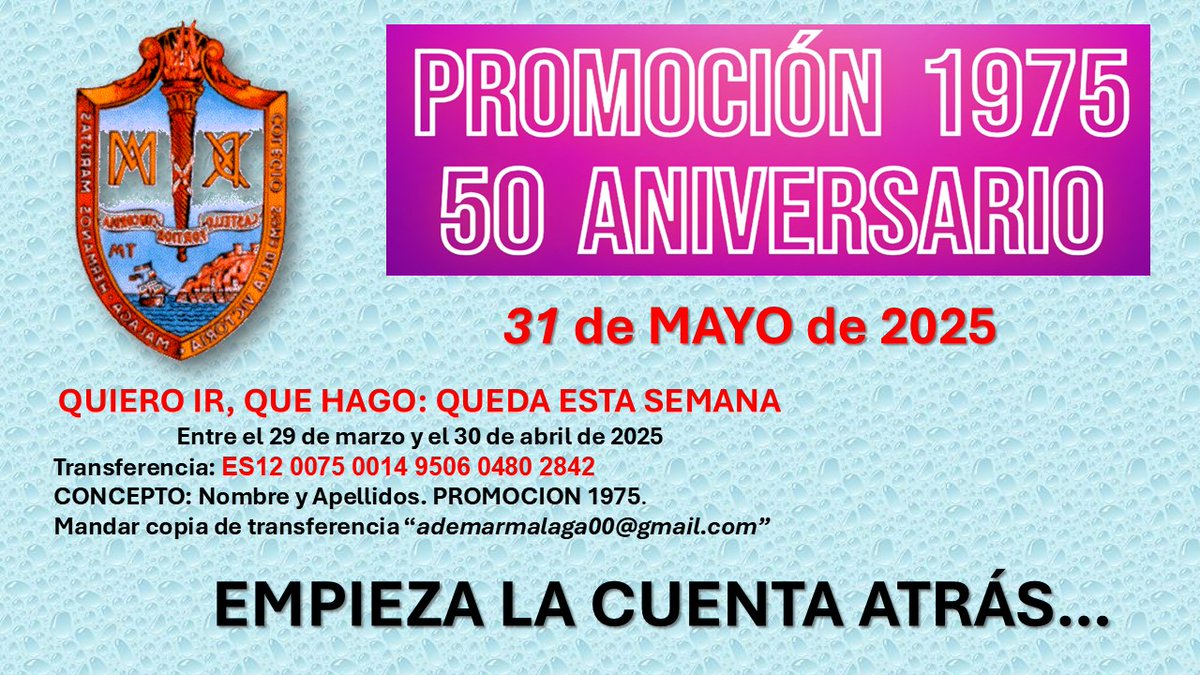 Compañeros de la promoción 1975. Ya somos mas de 30 para reencontrarnos y recordar los años en el colegio. No te quedes sin venir. Te vamos a reconocer. Queda esta semana para formalizar la inscripción. Continuamos esperándote a ti.