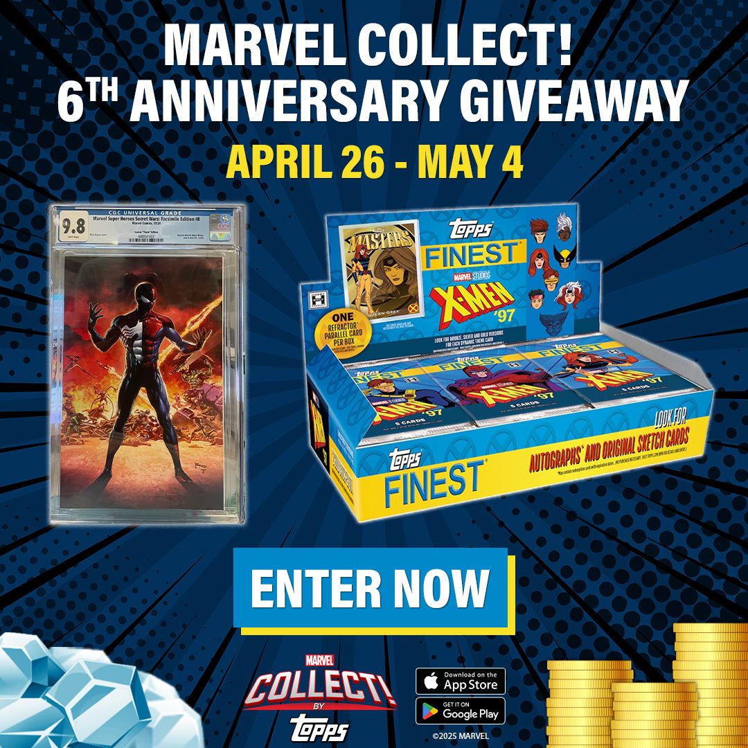 ToppsDigital's tweet image. Celebrate Marvel Collect!'s 6th App Anniversary with our giveaway! Enter now through May 4 for a chance to win 1 CGC 9.8 Marvel Super Heroes Secret Wars #8, 1 Topps Finest X-Men '97 Hobby Box, + 5K Diamonds and 30K Coins in Marvel Collect!

Enter Here: buff.ly/InQLsRj