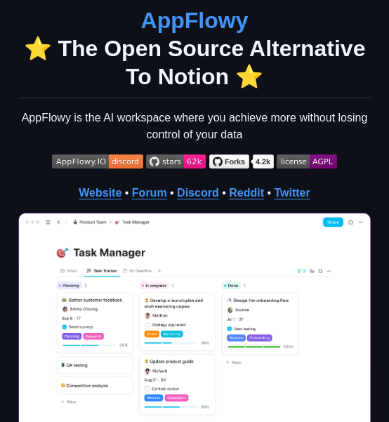 tom_doerr's tweet image. Open source Notion alternative for projects, docs, and teamwork with data control