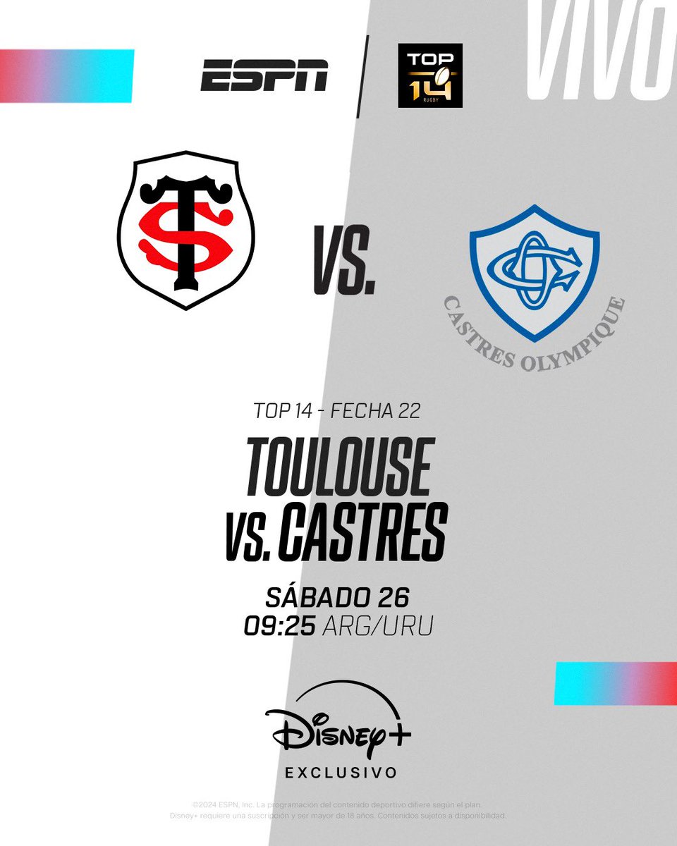 #top14 | 🎙️9:25hs (ARG/URU) Toulouse vs Castres por #DisneyPlus junto a <a href="/AlfredoConrad/">Alfredo Conrad</a>
