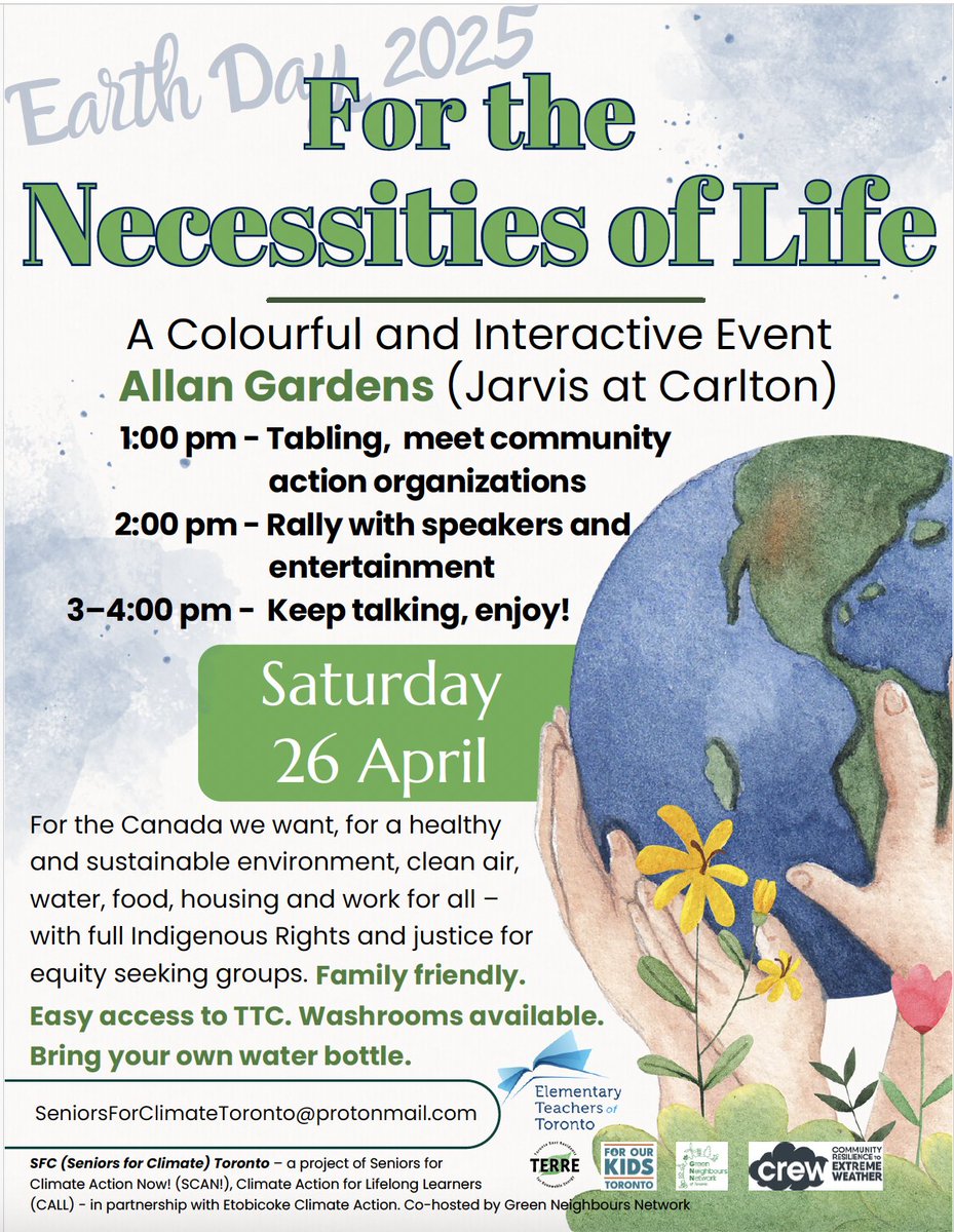 TODAY in Allan Gardens downtown, 1-4pm! An #EarthWeek EcoFair with music, speakers, children's activities &amp; a chance  to talk to people from 18 different groups working on #ClimateChange, #Housing, #YouthActivism, #Food, #Education. 
Come early for the weekly Farmer's Market 10-2
