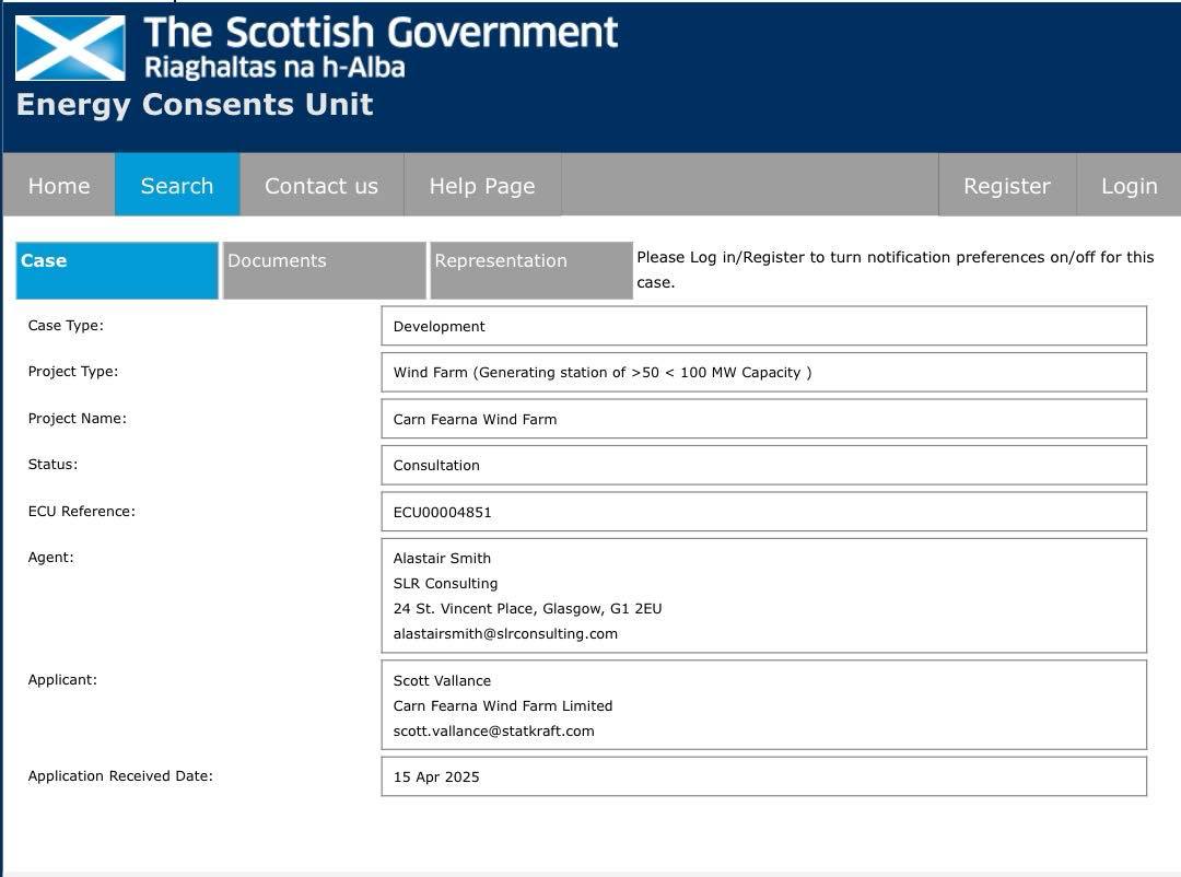 The application for the proposed Carn Fearna windfarm on the hill  above Strathgarve near Ben Wyvis has been lodged with the ECU. 
There are 292 supporting documents which can be viewed on line here bit.ly/CarnFearnaECU and also in Garve Public Hall by prior arrangement.