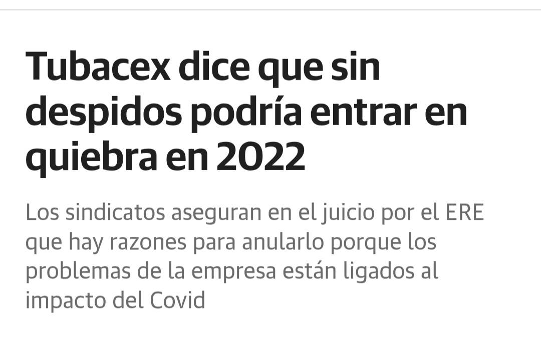 Recordáis que hace 4 años Tubacex (apoyado por GV y DFA) decía que sin despidos iba a la quiebra, y los sindicatos-trabajador@s denunciaban que era una excusa.

Pues viendo la noticia de hoy "Tubacex aumenta un 130% sus beneficios" está claro quien mentía.👇