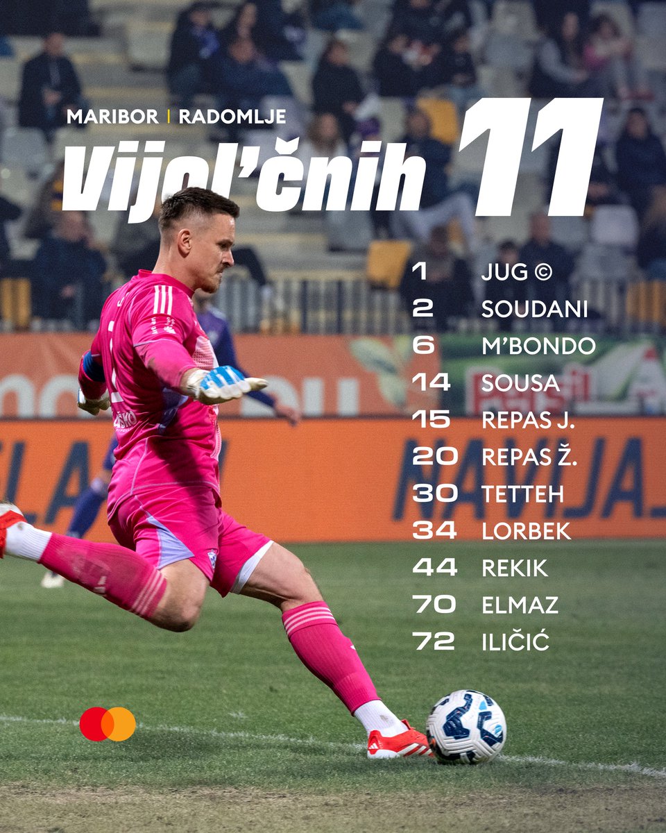 Vijol’čnih 11:

<a href="/nkmaribor/">NK Maribor</a> - <a href="/NKRadomlje/">NK Radomlje</a>, 17.30

Klop: Bergsen, Handanović, Krajnc, Rasheed, Vrhovec, Viher, Čuk, Komáromi, Grlić, Reghba, Meriluoto.

3 spremembe v začetni enajsterici: vračajo se Tetteh,  Sousa in Lorbek, ki je nazadnje igral 8. 12. 2024.

#MiSkupajEnoSmo #MBRAD