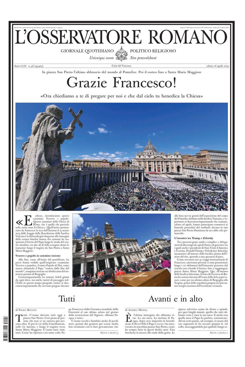 oss_romano's tweet photo. #PrimaPagina #PapaFrancesco 
Grazie Francesco!
In piazza San Pietro l’ultimo abbraccio del mondo al Pontefice. 
Poi il corteo fino a Santa Maria Maggiore per la sepoltura
https://t.co/P273IpPkRj https://t.co/Jj5FZpC7tb