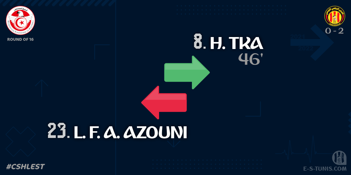 ESTuniscom's tweet photo. ⏱ 46' | #TunisiaCup🇹🇳 Round of 16 #CSHLEST | #CSHammamLif 0⃣-2⃣ @ESTuniscom : 🔁 Substitute : H. Tka IN, L. F. A. Azouni OUT (EST) / تغيير / Changement https://t.co/rcsw8s9YSg