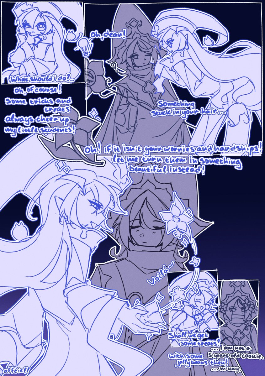 afftiell's tweet image. tricks and treats
lil comic based off my hc that children are smilks soft spot, and whenever he sees sad child he will perform tricks to cheer them up! but sometimes he uses his "tricks and treats" tactic not only for children
#shadowmilkcookie #purevanillacookie #shadowvanilla