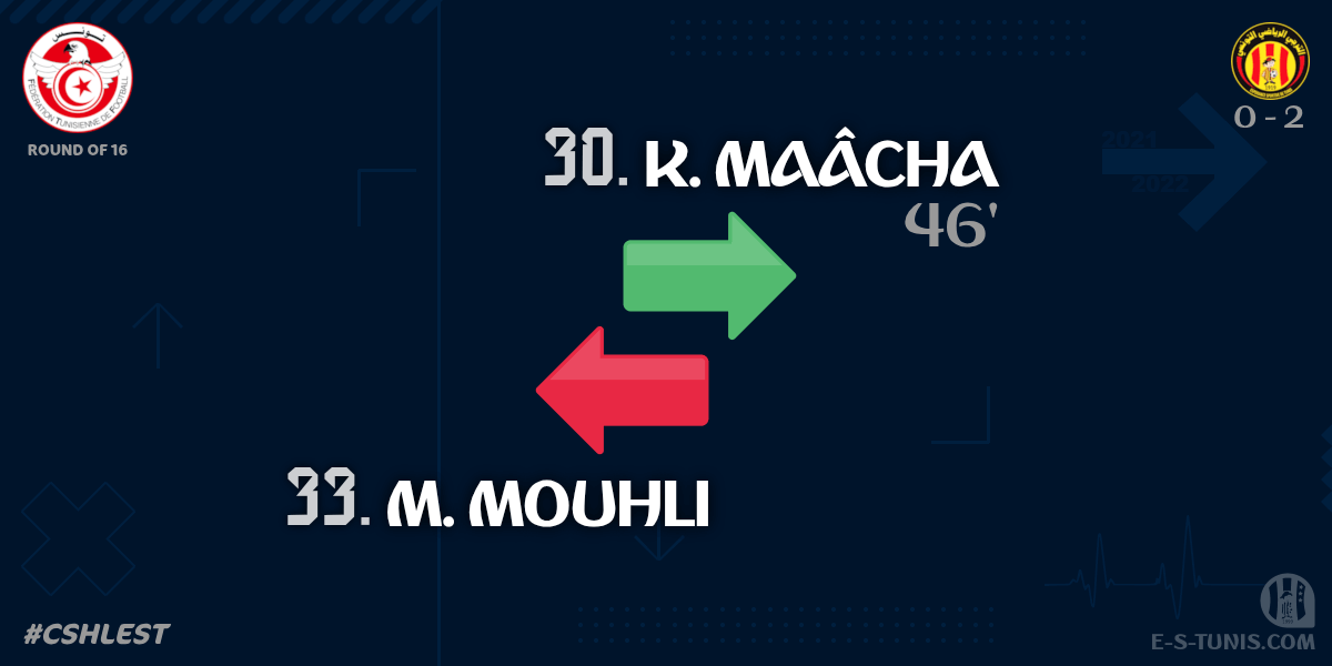 ESTuniscom's tweet photo. ⏱ 46' | #TunisiaCup🇹🇳 Round of 16 #CSHLEST | #CSHammamLif 0⃣-2⃣ @ESTuniscom : 🔁 Substitute : K. Maâcha IN, M. Mouhli OUT (EST) / تغيير / Changement https://t.co/icJylchCMe