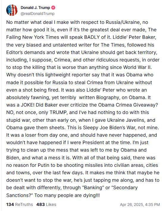 Trump criticizes a NYT propagandist and Obama for “giving up” Crimea- yet still suggests more sanctions because of alleged Russian strikes on “civilian targets.”

Reality:
• Russia hits military targets or dual-use infrastructure.
• If Russia aimed at civilians, Ukraine would