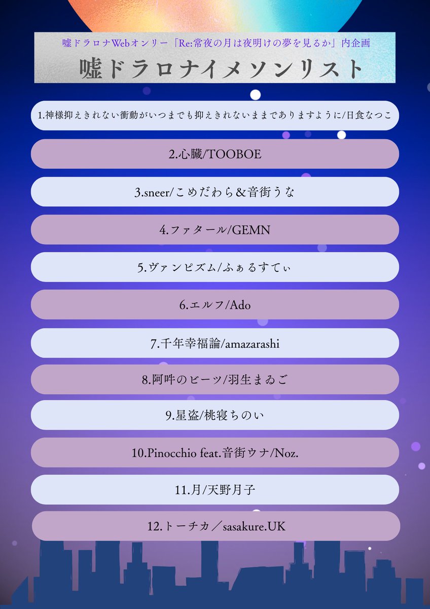 Usodrrnwebonly's tweet photo. 【イメソンリストを公開します】
応募いただいた全23曲のリストを公開させていただきます！
🍎♫リストはこちら▷ https://t.co/JltF7Yztf1

またイメソンにいただいたコメントを紹介するラジオも予定しております、そちらも是非お楽しみに🌙
 #2504Re月夢 https://t.co/D9cGKXFitg