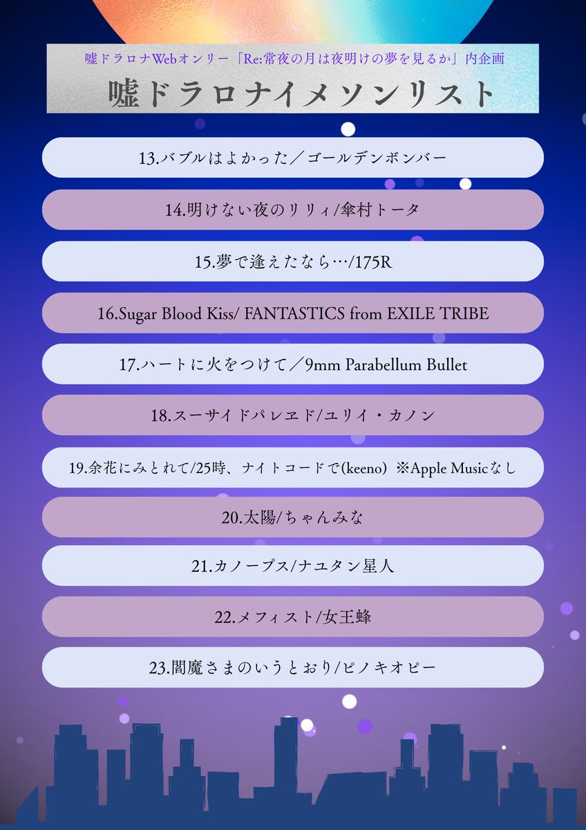 【イメソンリストを公開します】
応募いただいた全23曲のリストを公開させていただきます！
🍎♫リストはこちら▷ music.apple.com/jp/playlist/%E…

またイメソンにいただいたコメントを紹介するラジオも予定しております、そちらも是非お楽しみに🌙
 #2504Re月夢