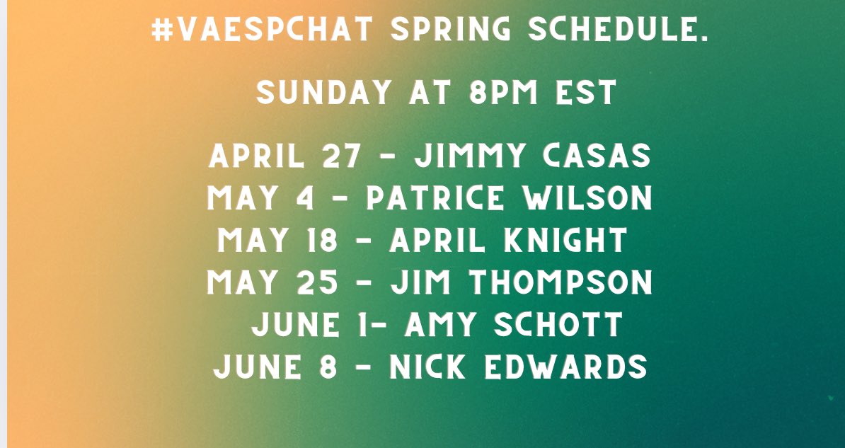 Dr. Andrew Buchheit (@andrewbuchheit) on Twitter photo #VAESPchat - Sun, April 27 at 8pmET. Guest moderator is Leadership Coach, Author, Speaker Jimmy Casas <a href="/casas_jimmy/">Jimmy Casas</a>
Topic: Instructional Leadership. <a href="/jloz82/">Jose A. Lozano</a> <a href="/ZBauermaster/">Zac Bauermaster</a> <a href="/miguelmigrant/">Miguel Castillo, MS Ed, BS ๐๐๐</a> <a href="/raehanbobby/">Bobby Umar | Keynote Speaker ๐จ๐ฆ</a> <a href="/bloomer_sa/">Todd Bloomer</a> <a href="/k2blewis/">Dr. Kimbrelle Barbosa Lewis</a> <a href="/DrRenaeBryant/">Dr. Renae Bryant</a> <a href="/ItsDrMordecai/">Dr. Mordecai Ian Brownlee</a> <a href="/EdCosentino11/">Ed Cosentino</a> <a href="/Jeff_Zoul/">Jeff Zoul</a> #VAESPchat - Sun, April 27 at 8pmET. Guest moderator is Leadership Coach, Author, Speaker Jimmy Casas <a href="/casas_jimmy/">Jimmy Casas</a>
Topic: Instructional Leadership. <a href="/jloz82/">Jose A. Lozano</a> <a href="/ZBauermaster/">Zac Bauermaster</a> <a href="/miguelmigrant/">Miguel Castillo, MS Ed, BS ๐๐๐</a> <a href="/raehanbobby/">Bobby Umar | Keynote Speaker ๐จ๐ฆ</a> <a href="/bloomer_sa/">Todd Bloomer</a> <a href="/k2blewis/">Dr. Kimbrelle Barbosa Lewis</a> <a href="/DrRenaeBryant/">Dr. Renae Bryant</a> <a href="/ItsDrMordecai/">Dr. Mordecai Ian Brownlee</a> <a href="/EdCosentino11/">Ed Cosentino</a> <a href="/Jeff_Zoul/">Jeff Zoul</a>