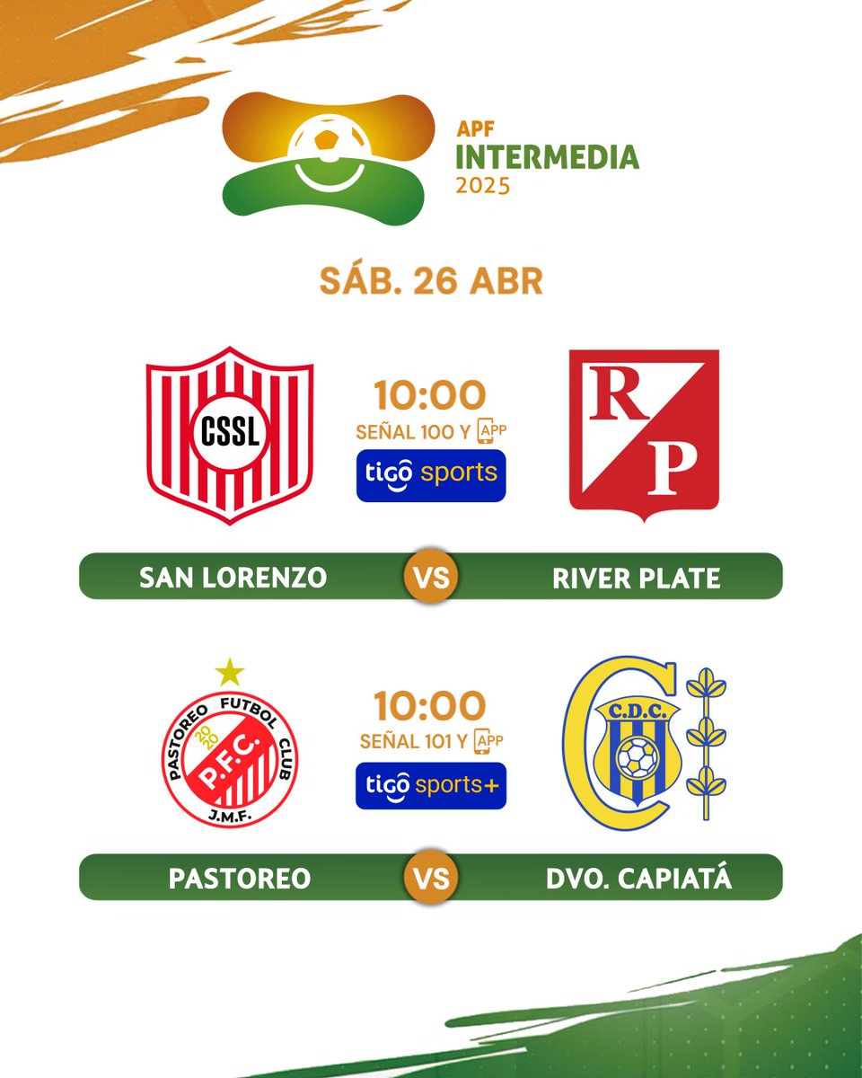 ¡ACCIÓN DE SÁBADO!

▶️Con estos encuentros prosigue la quinta fecha de la #IntermediaAPF.

📺¡Ambos partidos por las pantallas de Tigo Sports y la App!