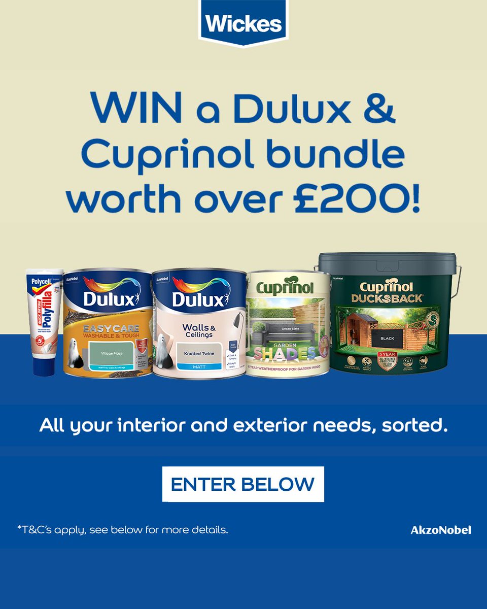WICKES (@wickes) on Twitter photo Your home renovation dreams have just come true as <a href="/duluxuk/">Dulux UK | Colour & Inspiration</a> and <a href="/CuprinolUK/">Cuprinol | Colour & Inspiration</a> are partnering with us to give away a massive decorating bundle worth over £200!
To enter:
1. Follow @wickes, @Duluxuk and @Cuprinol_uk
2. Like this post
3. Tag someone you know who would love this prize Your home renovation dreams have just come true as <a href="/duluxuk/">Dulux UK | Colour & Inspiration</a> and <a href="/CuprinolUK/">Cuprinol | Colour & Inspiration</a> are partnering with us to give away a massive decorating bundle worth over £200!
To enter:
1. Follow @wickes, @Duluxuk and @Cuprinol_uk
2. Like this post
3. Tag someone you know who would love this prize