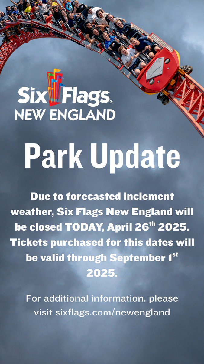 An Update from Six Flags New England

☀️ Spring Break will wrap up tomorrow April 27th🎢  

HOURS
11 A.M. - 7 P.M.