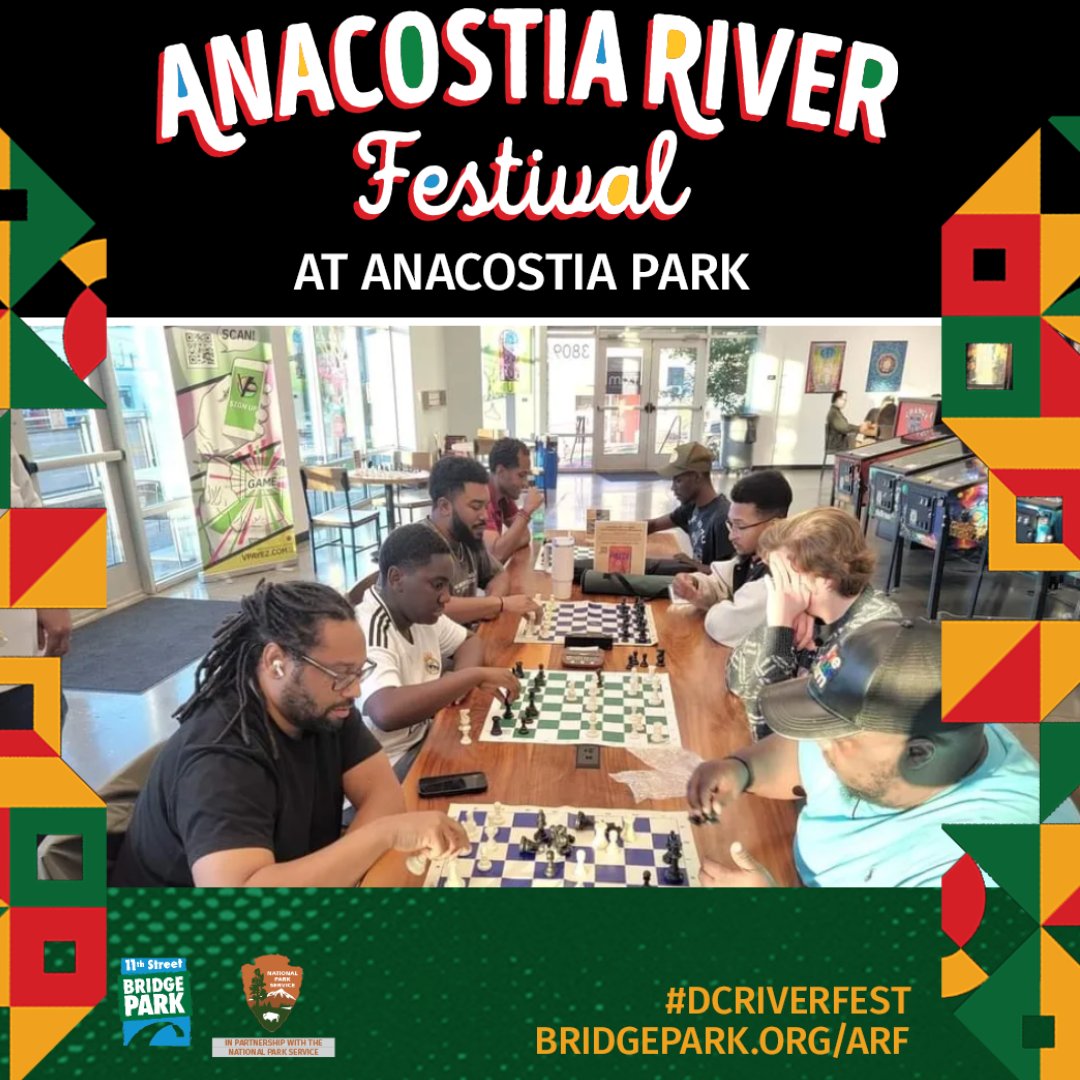 Whether you're a seasoned grandmaster or just learning the game, The Big Chair Chess Club has something for every level of player! Think B4U Move and learn opening strategies, tactics, and how to outmaneuver your opponent.
 eventbrite.com/e/anacostia-ri…
#DCBridgePark #DCRiverFest