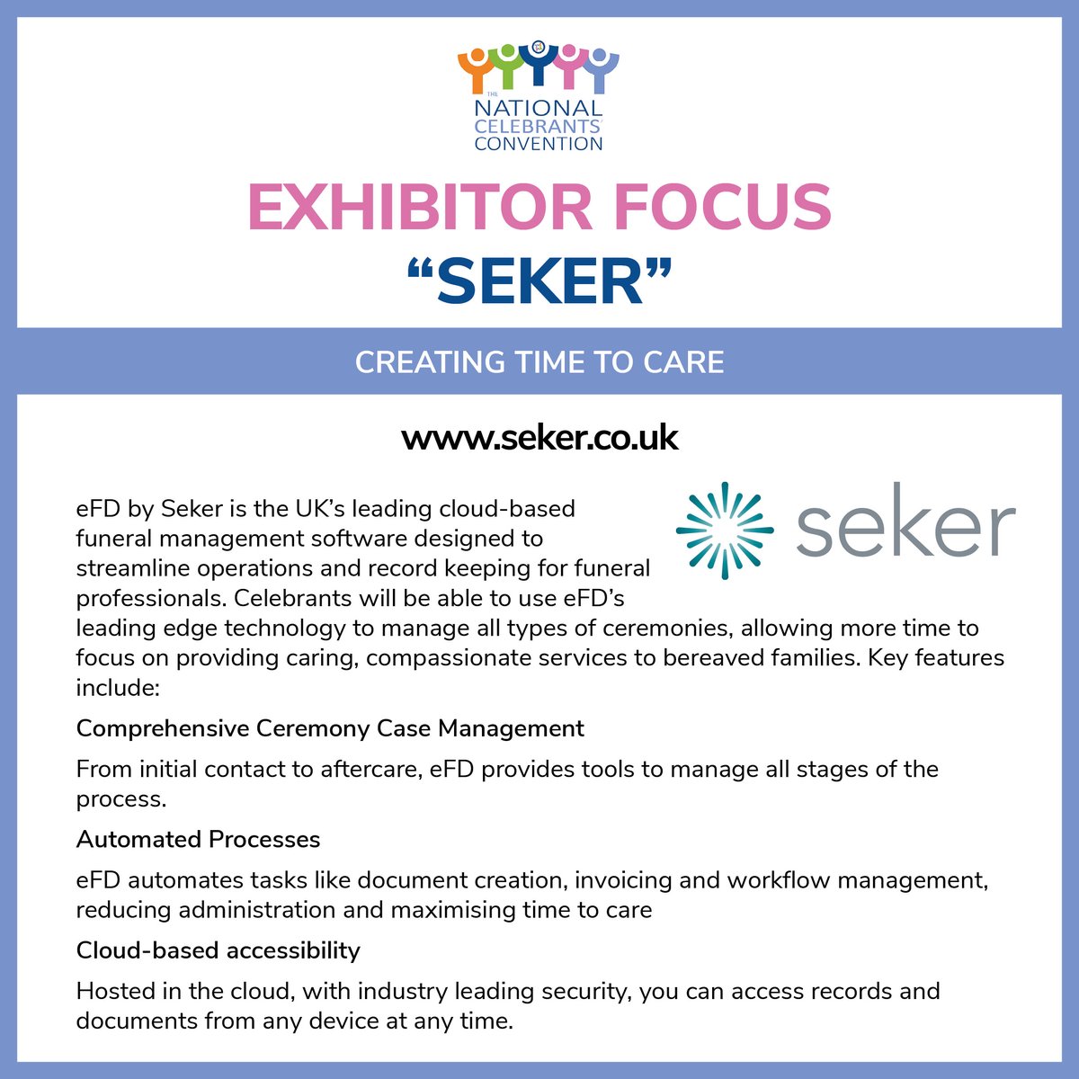Our penultimate exhibitor showcase for the National Celebrants' Convention is <a href="/SekerTech/">SekerTech</a>.  Read on to find out more about their record-keeping software for funeral professionals ...

See you at the NCC!

celebrantsconvention.co.uk

#NCC2025 #NCC25 #celebrantstogether