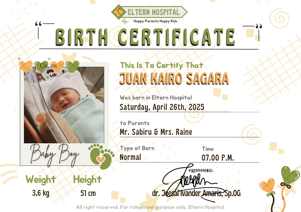 ElternHospi's tweet photo. ——— ✎ 𝑩𝒊𝒓𝒕𝒉 𝑪𝒆𝒓𝒕𝒊𝒇𝒊𝒄𝒂𝒕𝒆 𝒐𝒇

👶🏻 ❝ Juan Kairo Sagara ❞

👩🏻‍❤️‍👨🏻 @jakecsimn &amp; @suvnsect

Signature,
— dr. Joesal Ivander Amaris, sp.OG
Obgyn of Eltern Hospital https://t.co/jfTLnv8UTx